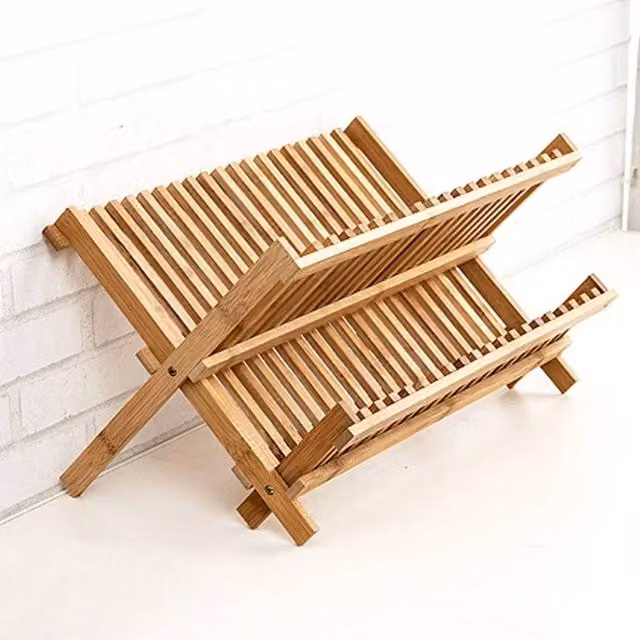KORVIXA 2 Tier Folding Bamboo Dish Drainer in Brown