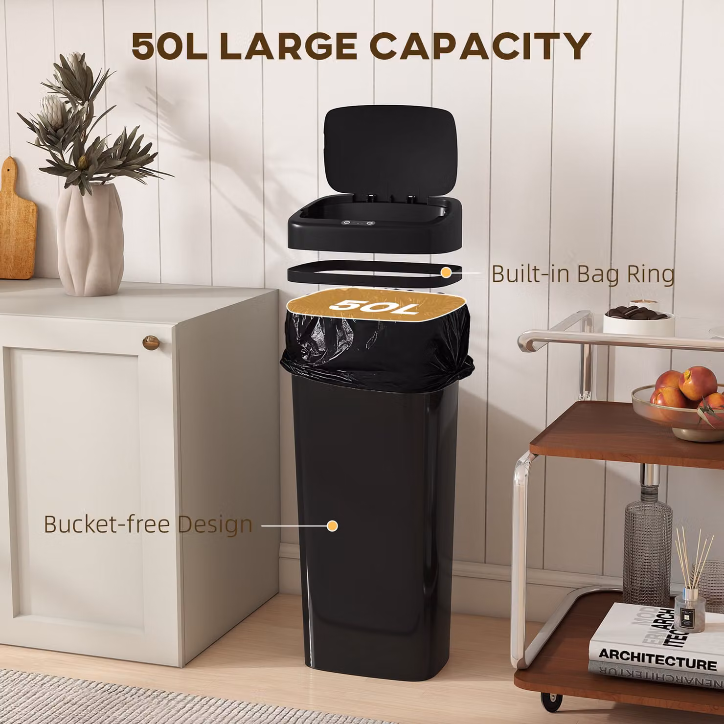 HOMCOM 50L Stainless Steel Sensor Bin in Black – 5