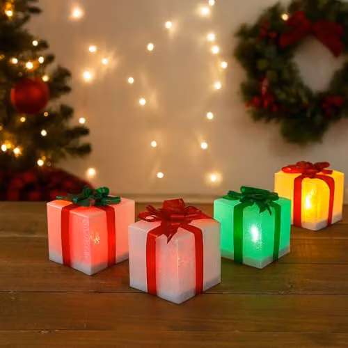 Garden Mile Set of 5 Battery Operated LED Light Up Christmas Gift Boxes in Multicolour, Red and Green – 4