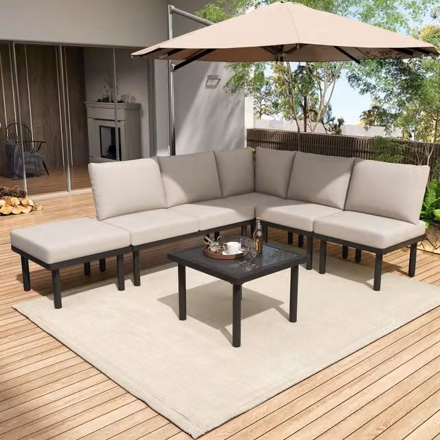 Modern Home Interior Beige 6 Seater Handwoven Rope Garden Lounge Set with Coffee Table