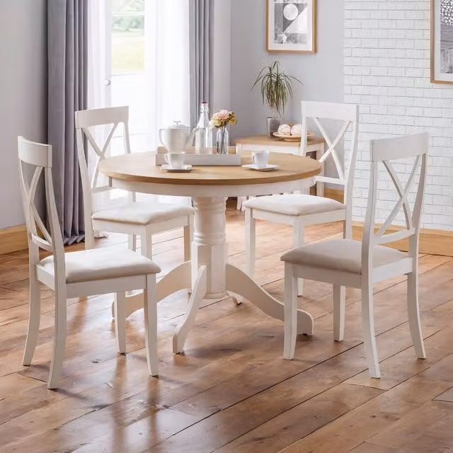 Julian Bowen Classic Round Oak and Rubberwood Dining Table and Chairs Set in White and Grey