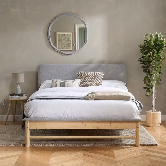 Birlea Ezra Grey Fabric Bed Frame with Scandi Wooden Design, King Size (W: 180 cm, D: 200 cm)