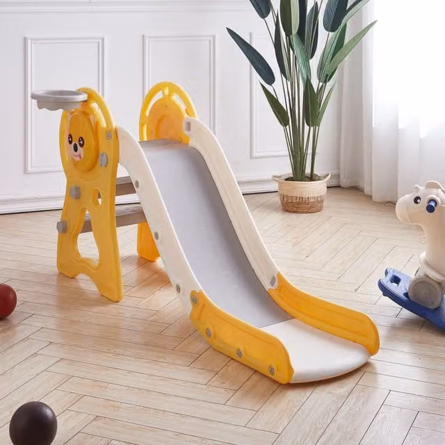 Livingandhome Modular Kid Climber Slide and Basketball Hoop Set in Yellow