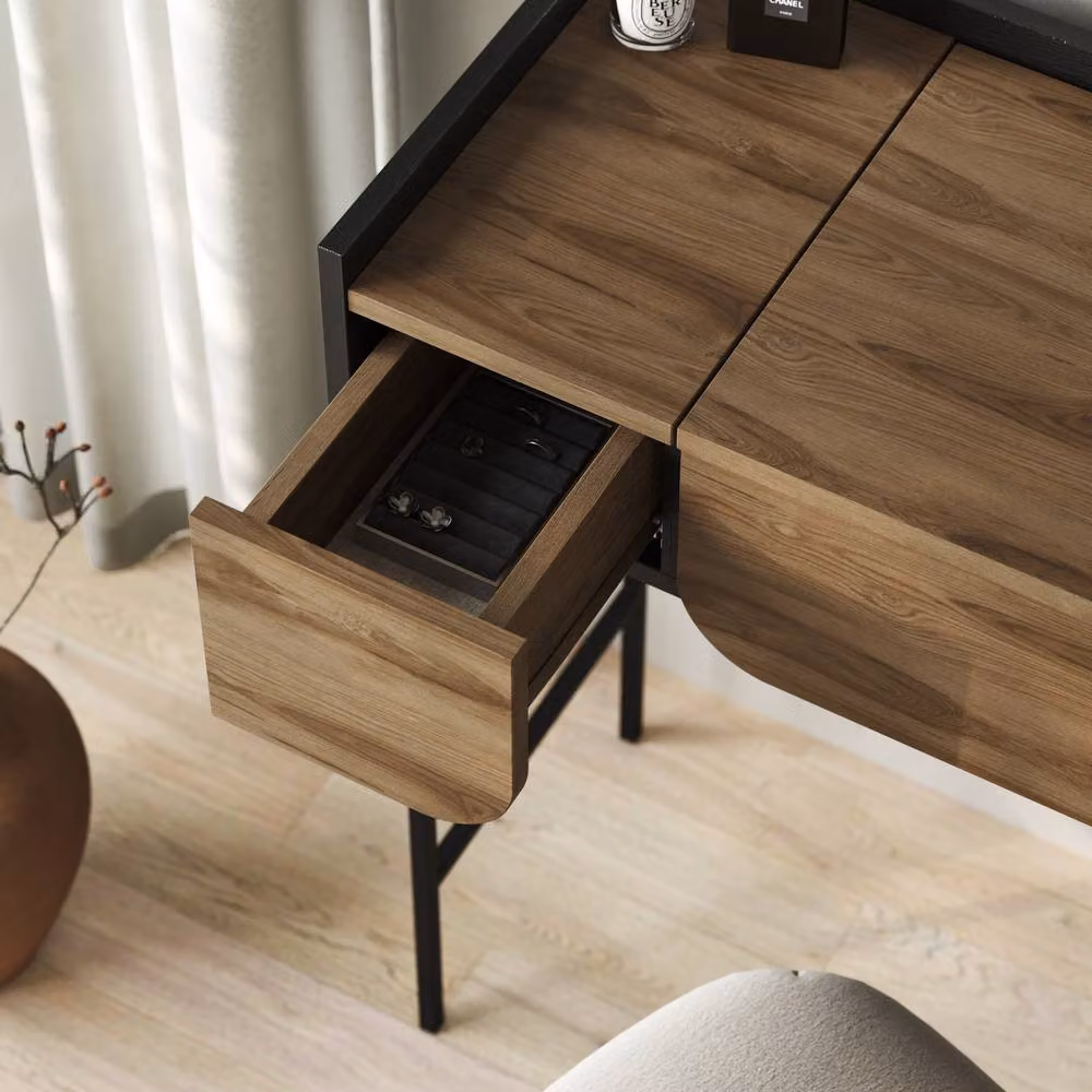 Decortie Terra Modern Dressing Table with Lift-Up Mirror and Two Drawers in Brown and Multicolour, W: 123.5 cm, D: 100.0 cm, H: 60.0 cm – 3