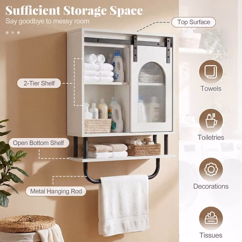 Costway White Wall Mounted Bathroom and Kitchen Medicine Cabinet with Sliding Glass Barn Doors and Internal Shelves – 6