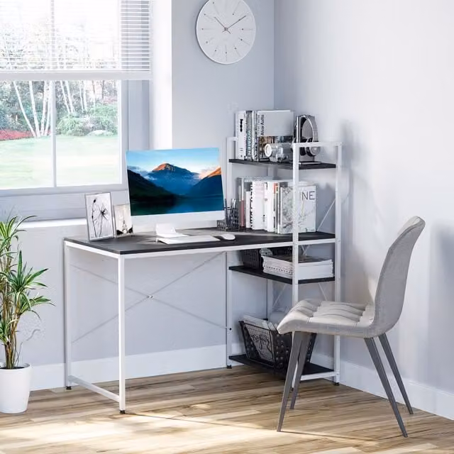 HOMCOM Modern Computer Desk and Laptop Table with 4-Tier Bookshelf and Metal Frame in Black