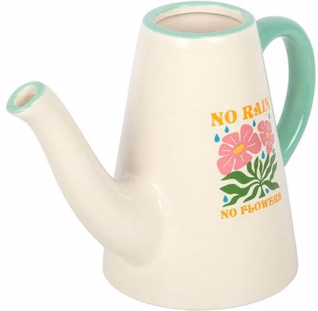 Something Different No Rain, No Flowers Ceramic Watering Can, 600ml, White and Yellow