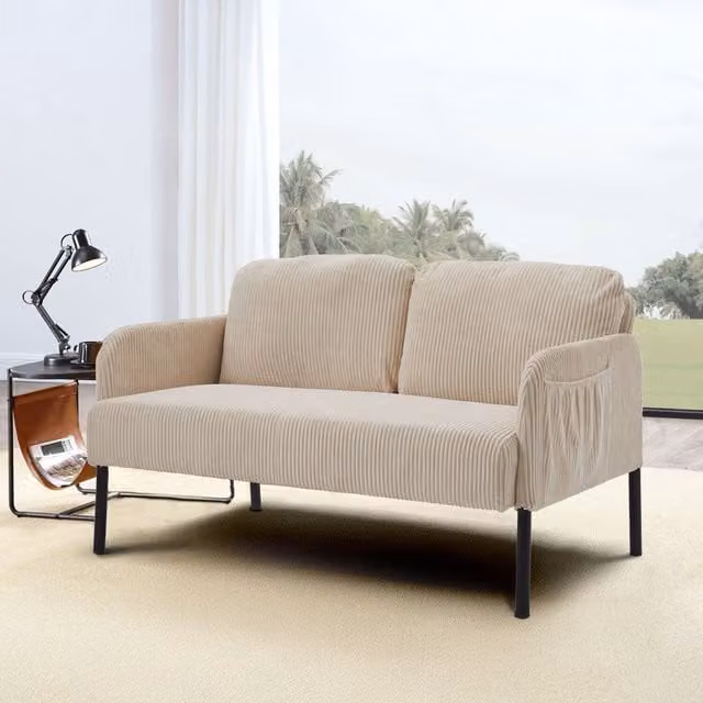 Livingandhome 2 Seat Corduroy Upholstered Sofa in Off-white with Solid Wood Frame