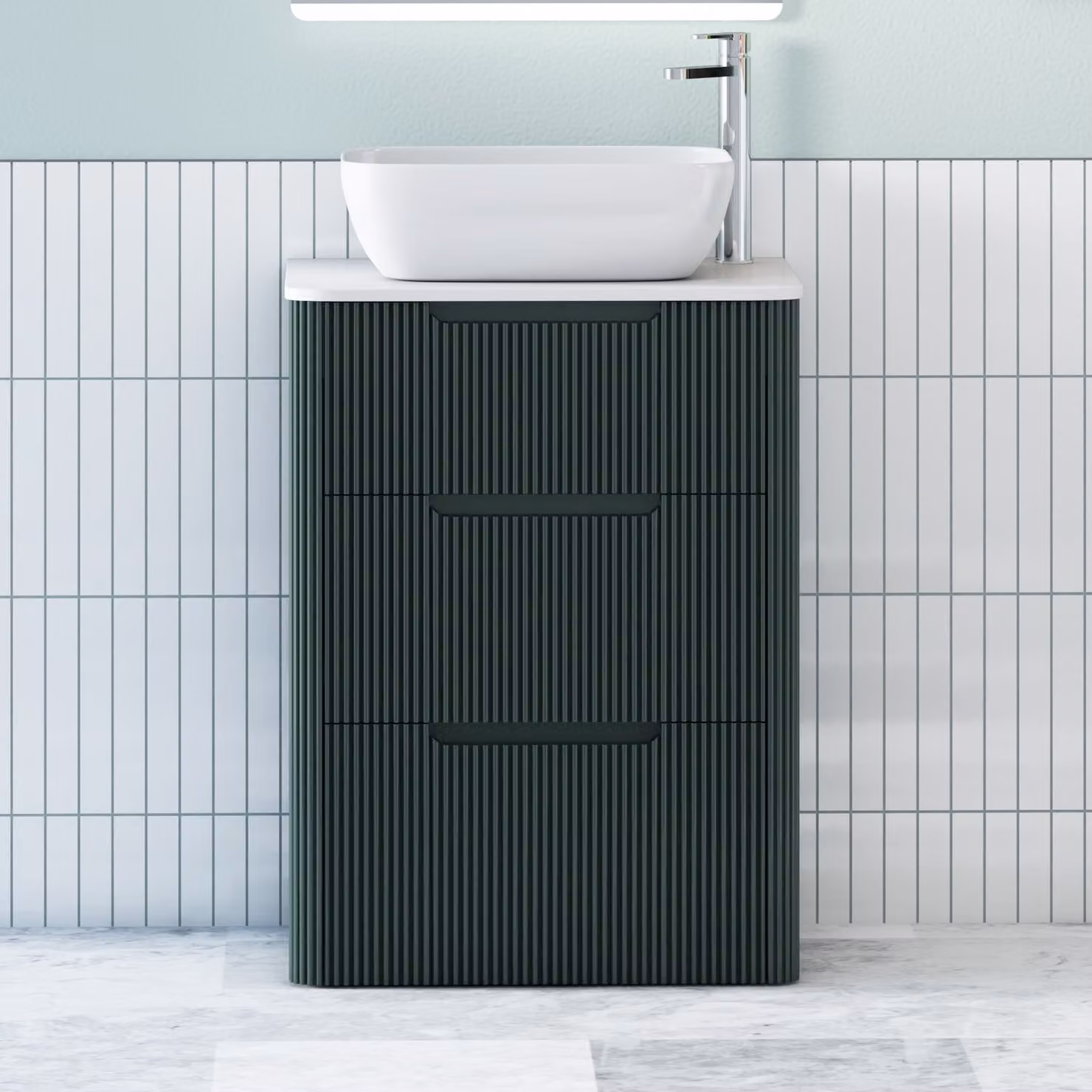 Royal Bathrooms Avenza Floor Standing 3 Drawer Vanity Unit with Elva Basin, Moss Green and Plain White Worktop