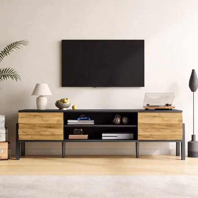 Merax Modern Black Low TV Stand with Soft-Close Cabinets, W: 175 cm, D: 53 cm, H: 53 cm – 1