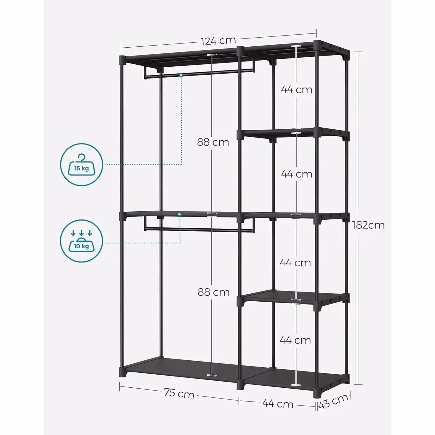 SONGMICS Open Design Clothes Storage Wardrobe with Dual Hanging Areas in Black, H 182 x W 43 x D 43 cm – 2