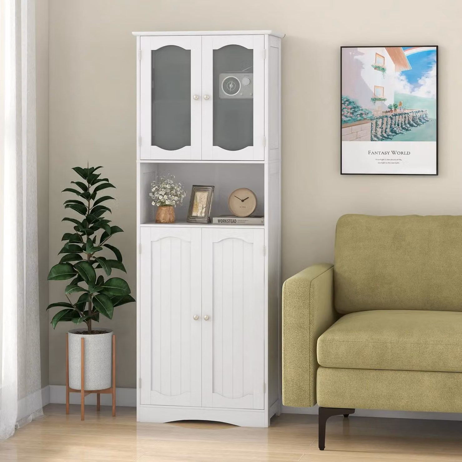 Gymax Tall Freestanding Bathroom and Kitchen Storage Cabinet with Tempered Glass Doors in White – 2
