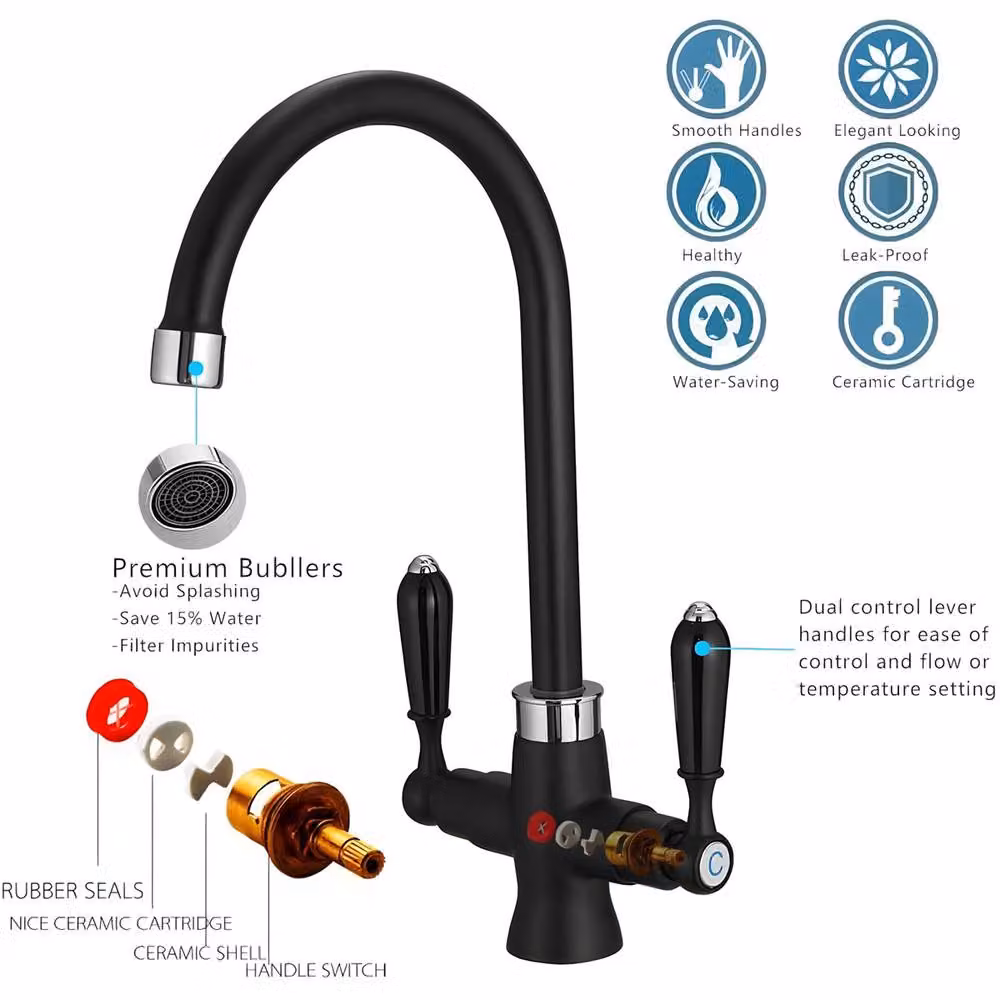 Heable Matte Black Brass Dual Lever Kitchen Mixer Tap with Swivel Spout – 3