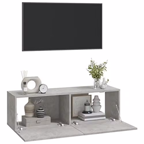 vidaXL Set of 2 Wall-Mounted TV Cabinets in Concrete Grey, Modern MDF Storage with Hinged Doors, W/D/H: 100 x 30 x 30 cm – 3