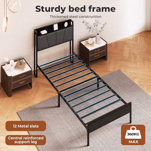 Levede Black Upholstered Single Bed Frame with Side Compartments and Headboard W/D/H: 90 x 190 x 98 cm – 8