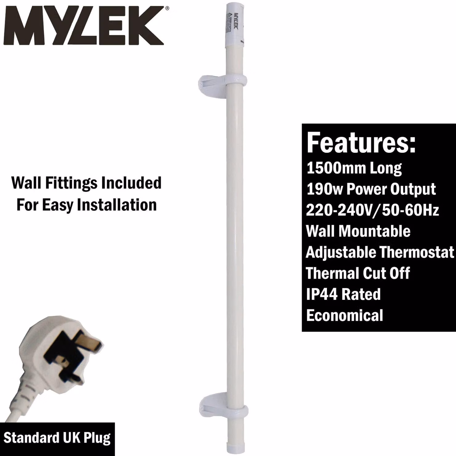 MYLEK 190W White Tubular Convector Heater with Built-in Thermostat and Mounting Brackets, Length: 150 cm – 2