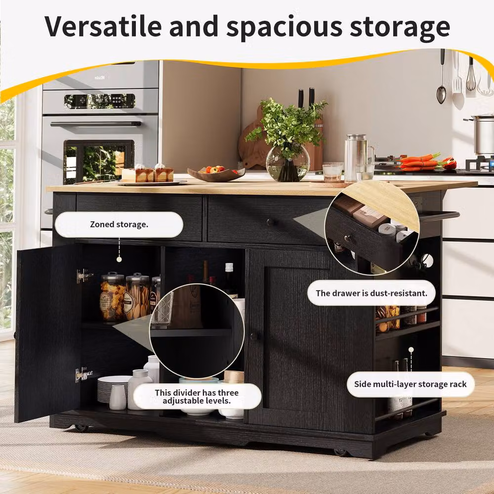 BTM Kitchen Island Trolley with Power Strip and Wooden Worktop in Black – 4