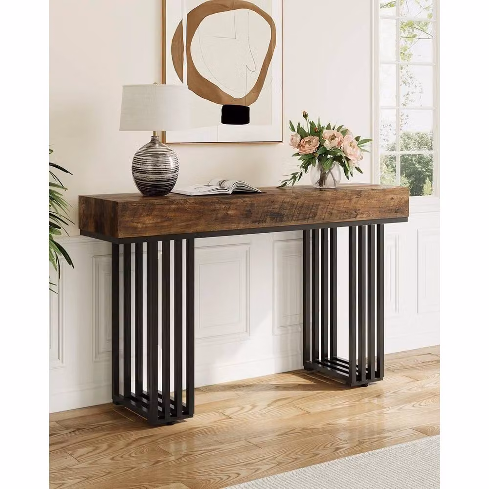 KORVIXA Industrial Console Table in Brown and Black, Rectangular Wood and Metal Entryway Sofa Table – 3