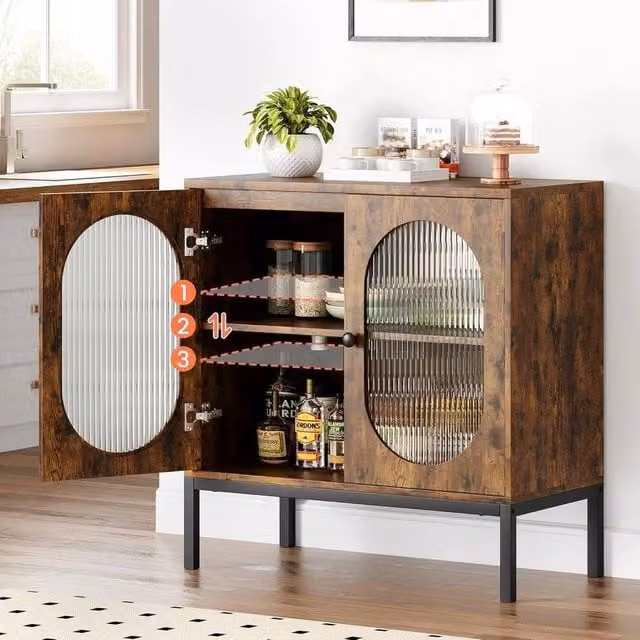VOGREX Brown Boho Rattan and Wood Freestanding Sideboard Storage Cabinet for Kitchens – 1