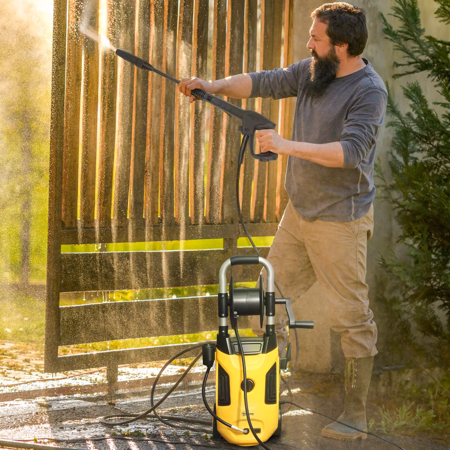 Outsunny 1800W High Pressure Washer, 150 Bar, 420 L/h Flow, Portable Power Washer with Adjustable Nozzle, 6M Hose, Hose Reel and Steel Handle, Yellow – 2
