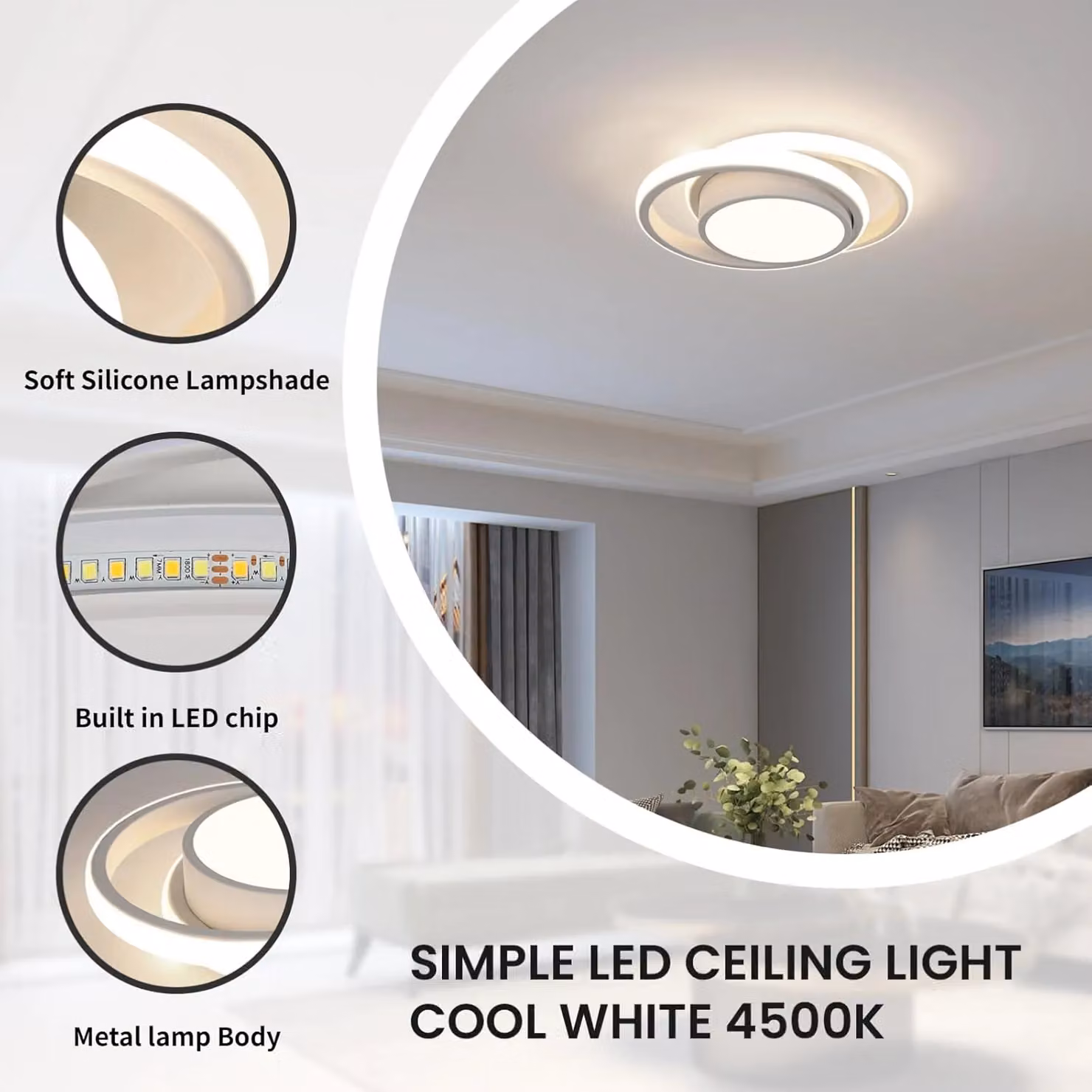 Pheashine Modern LED Ceiling Light in White, 4500K Neutral Light – 2