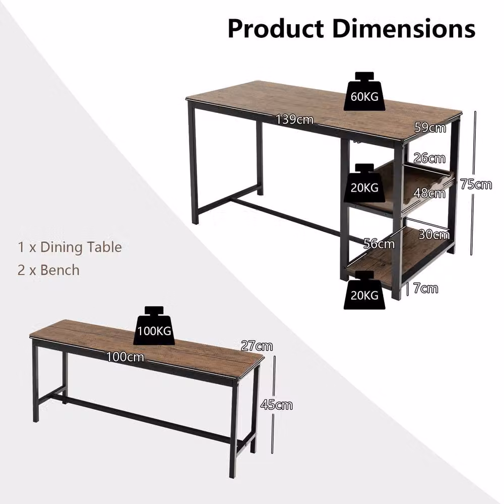 Gymax Brown Dining Table and 2 Benches Set with Wine Rack and Storage Shelf – 2
