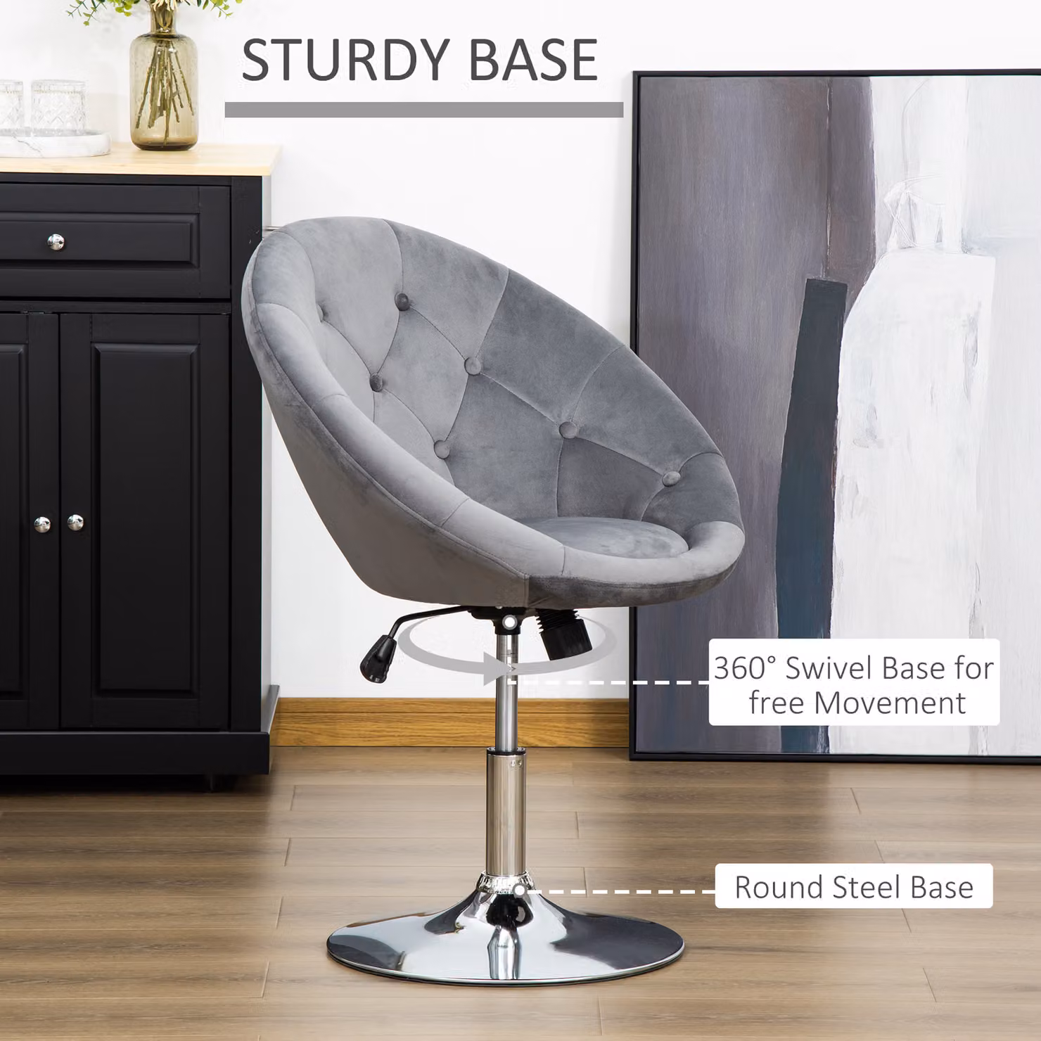 HOMCOM Modern Grey Velvet-Touch Tufted Fabric Bar Stool with Adjustable Height, Swivel Seat and Armless Tub Design – 3