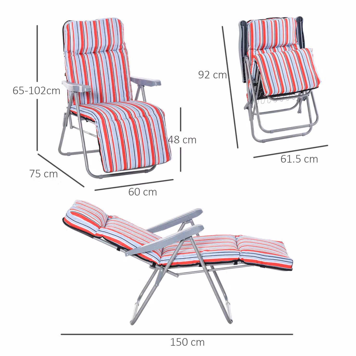 Outsunny Set of 2 Red and White Striped Garden Sun Loungers with Cushions – 3