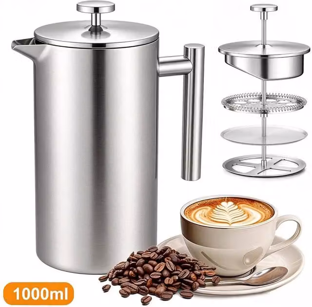 KORVIXA Stainless Steel French Press Coffee Maker in Silver, 1000ml