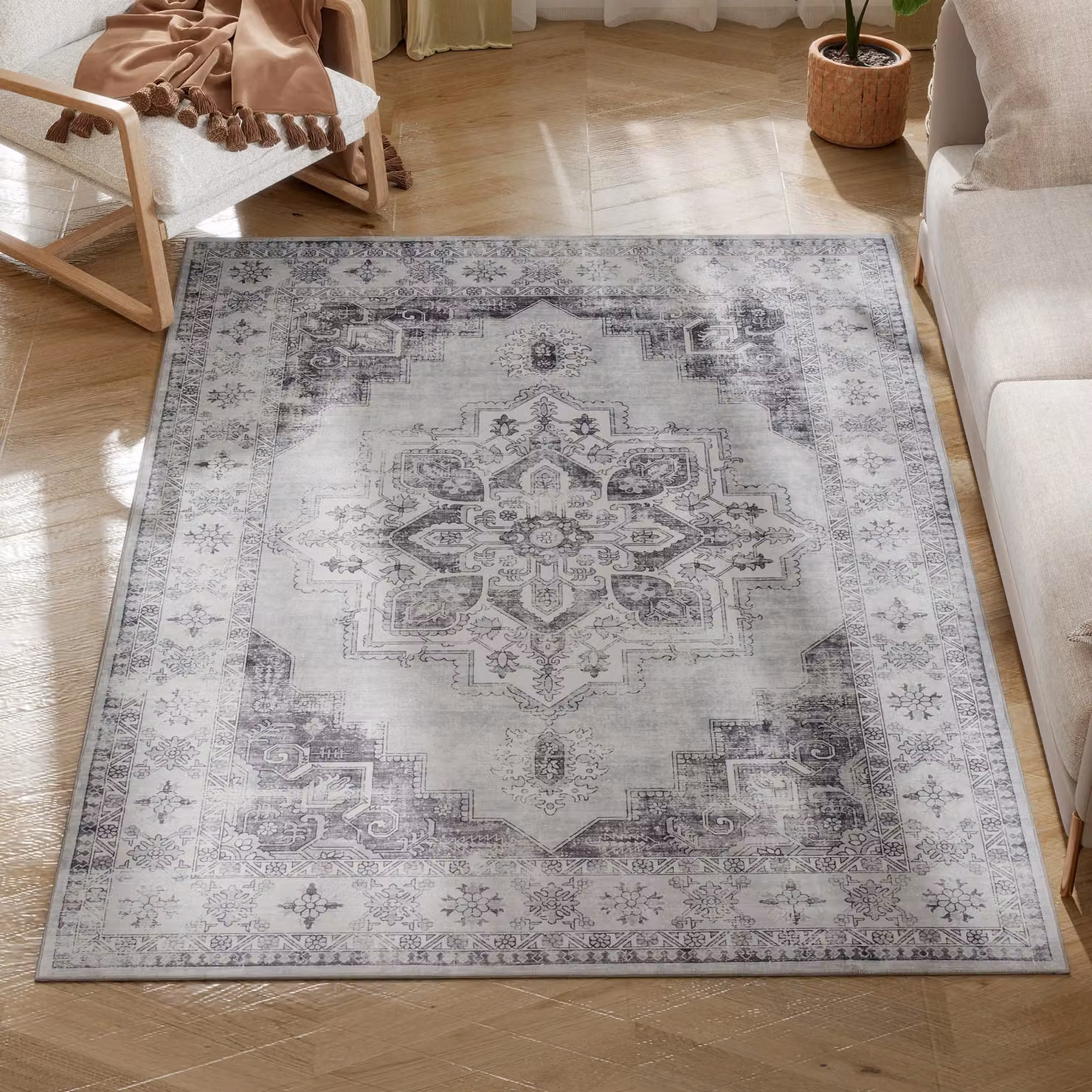 HOMCOM Grey Flannel Non-Slip Washable Floral Vintage Rectangular Rug for your Living Room, W: 200 cm, D: 290 cm – 2