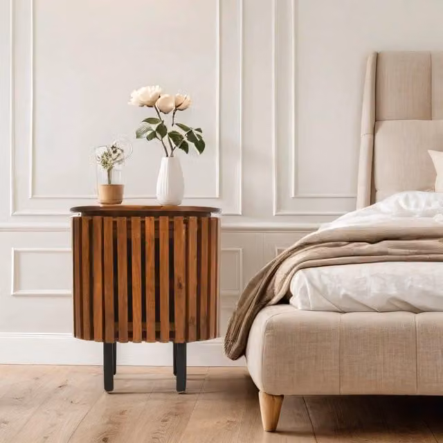IH Design Carney Mango Wood Slatted Bedside Table with Door, Brown, W/D/H: 60 x 50 x 40 cm