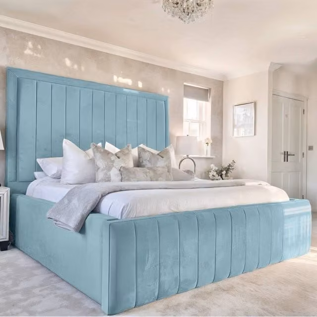 Living Comfort Bedz Geneva Upholstered Velvet Bed Frame with Lift Up Base in Blue, W/D/H: 180 x 200 cm