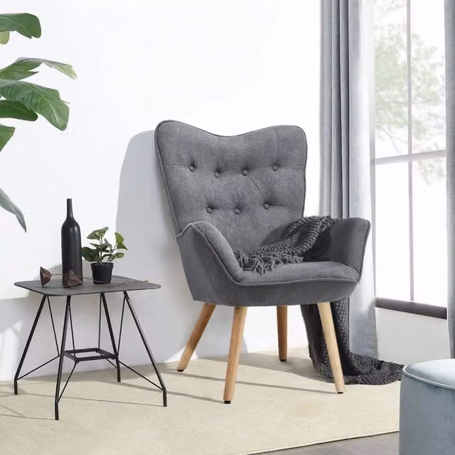 Livingandhome Mid-Century Grey Fabric Armchair with Armrests and Wooden Legs