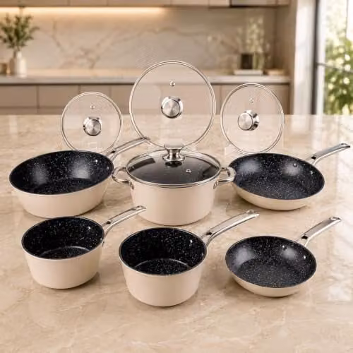 Alivio 10 Piece Non-Stick Aluminium Alloy Cookware Set with Lids in Beige, Compatible with Induction, Gas, Electric and Halogen Cooktops – 1