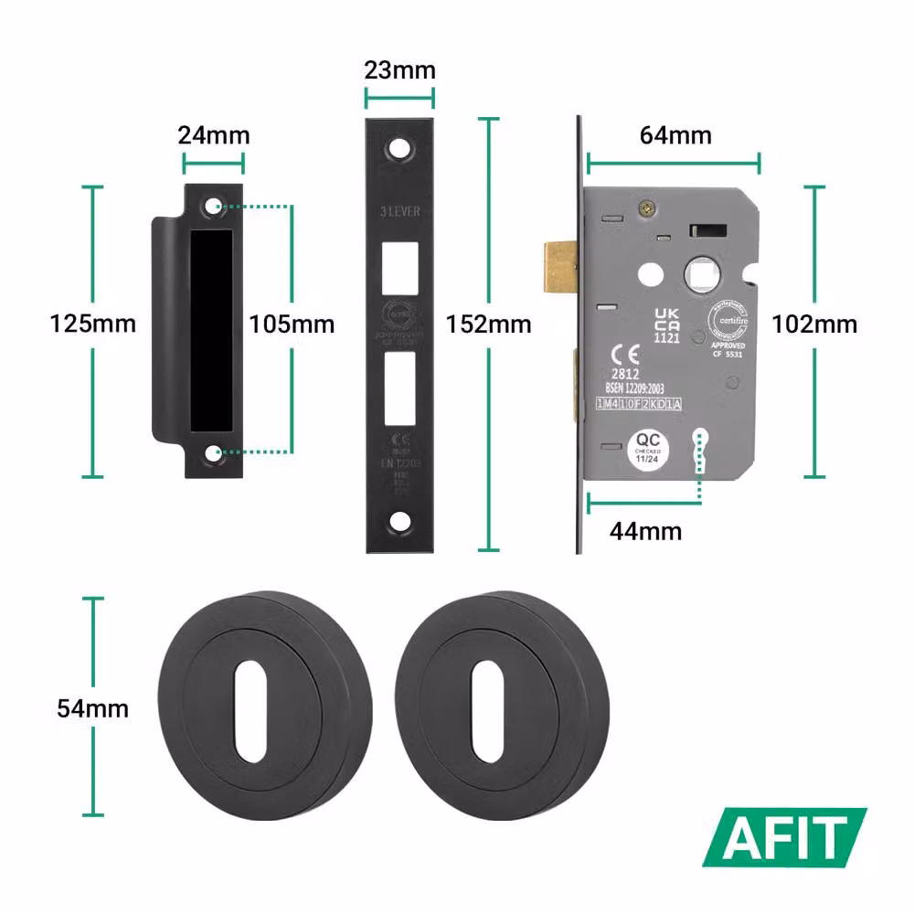 AFIT Black Round Rose Door Handle Set with Sashlock and Escutcheons, 1 Pair – 2