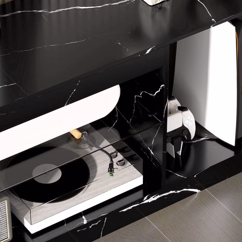Wyld Haus Avadell Black Marble Effect TV Unit with Glass Shelf, W: 148 cm, D: 52.6 cm, H: 35 cm – 7