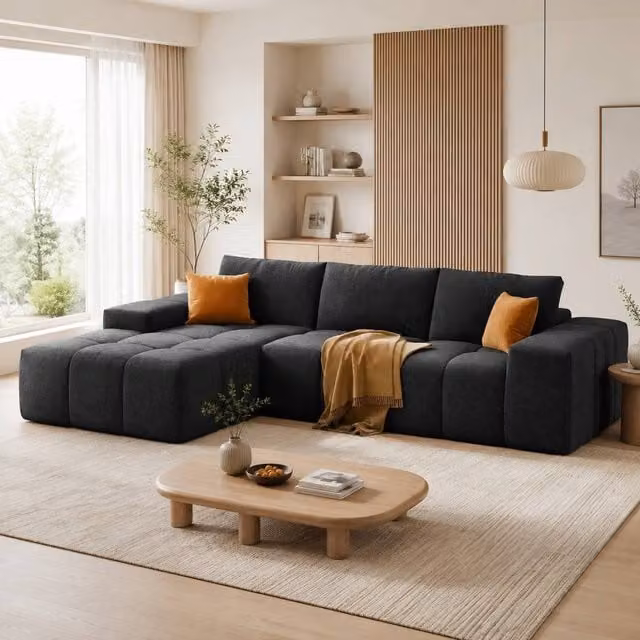 STILVORA L-Shaped Left-Facing Sofa in Black Chenille Fabric – 1