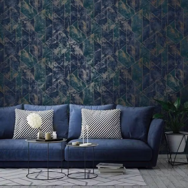 Holden Geometric Abstract Wallpaper in Blue, Gold and Beige