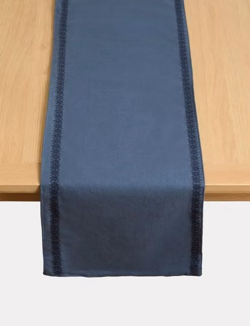 M&S X Fired Earth Pure Cotton Embroidered Table Runner in Dark Blue