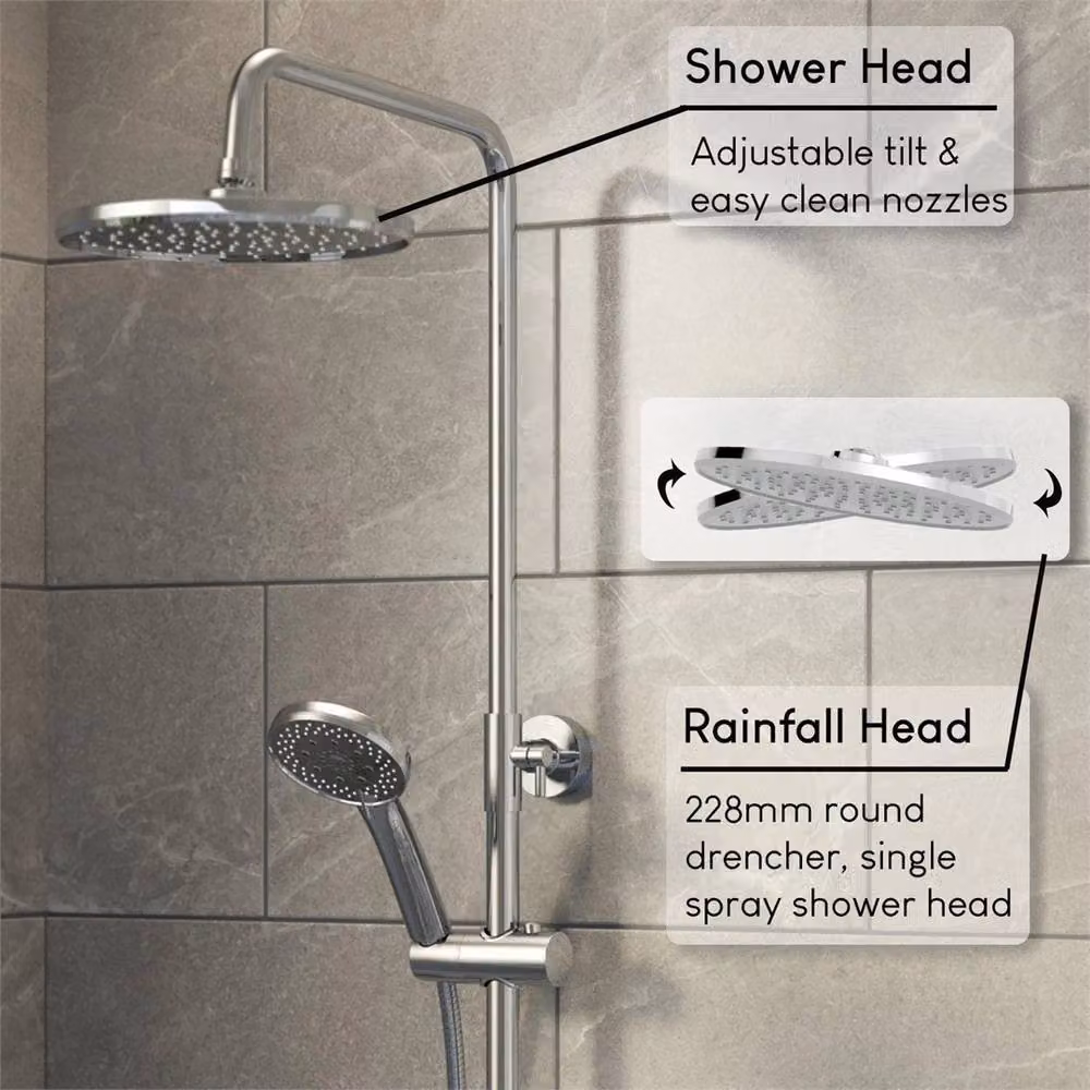 SPETLEK Thermostatic Dual Head Rainfall Shower Set with Round Bar Mixer in Chrome Silver – 3