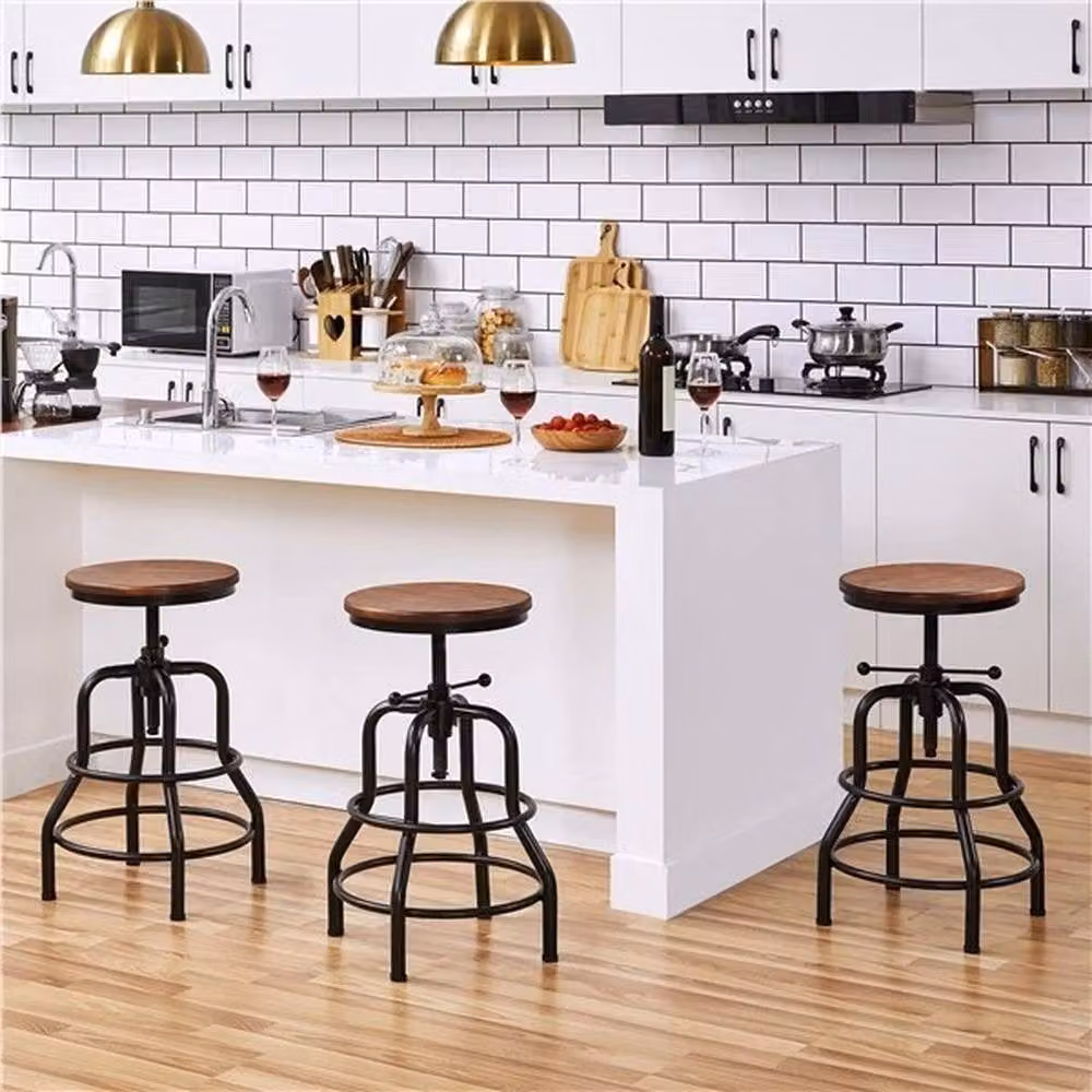KORVIXA Rustic Brown Wood and Metal Swivel Bar Stool – 3