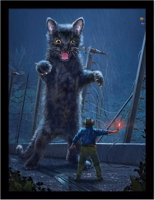 Vincent Hie Jurassic Kitty Framed Paper Poster in Mid Blue – 1