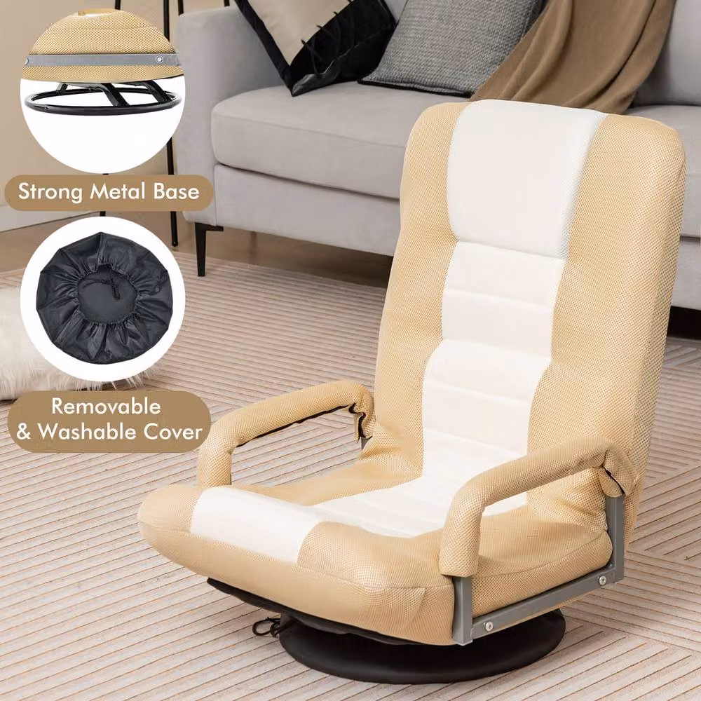 Costway Folding Floor Gaming Chair with 6-Position Adjustable Backrest in Beige Multicolour Fabric – 5
