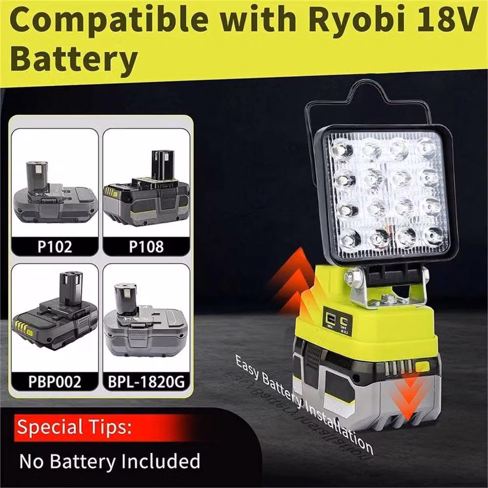 Nordara Yellow LED Work Light for Ryobi 18V Battery with Adjustable Brightness and USB Ports – 3