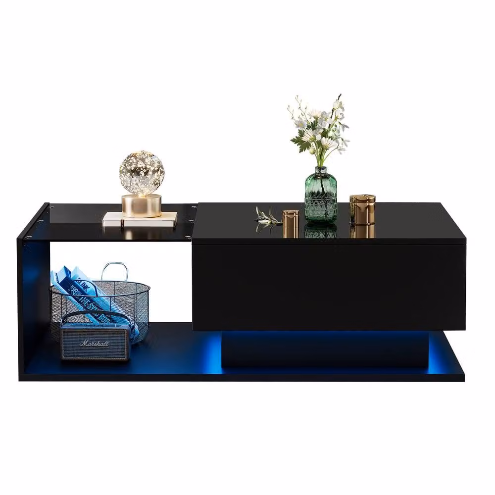 STILVORA LED Coffee Table with Drawer and Black Tempered Glass Top – 4