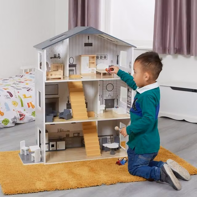 Liberty House Toys Contemporary Dollhouse with Handcrafted Furniture Accessories in Grey and White