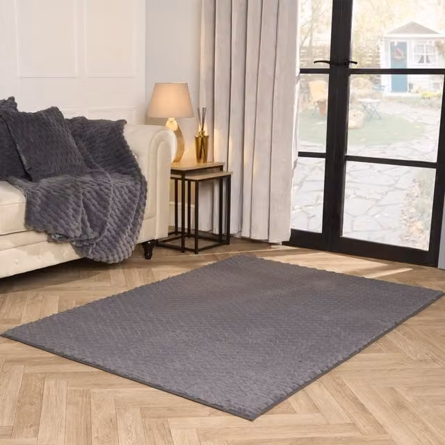 OHS Grey Faux Fur Waffle Rug, 160 cm