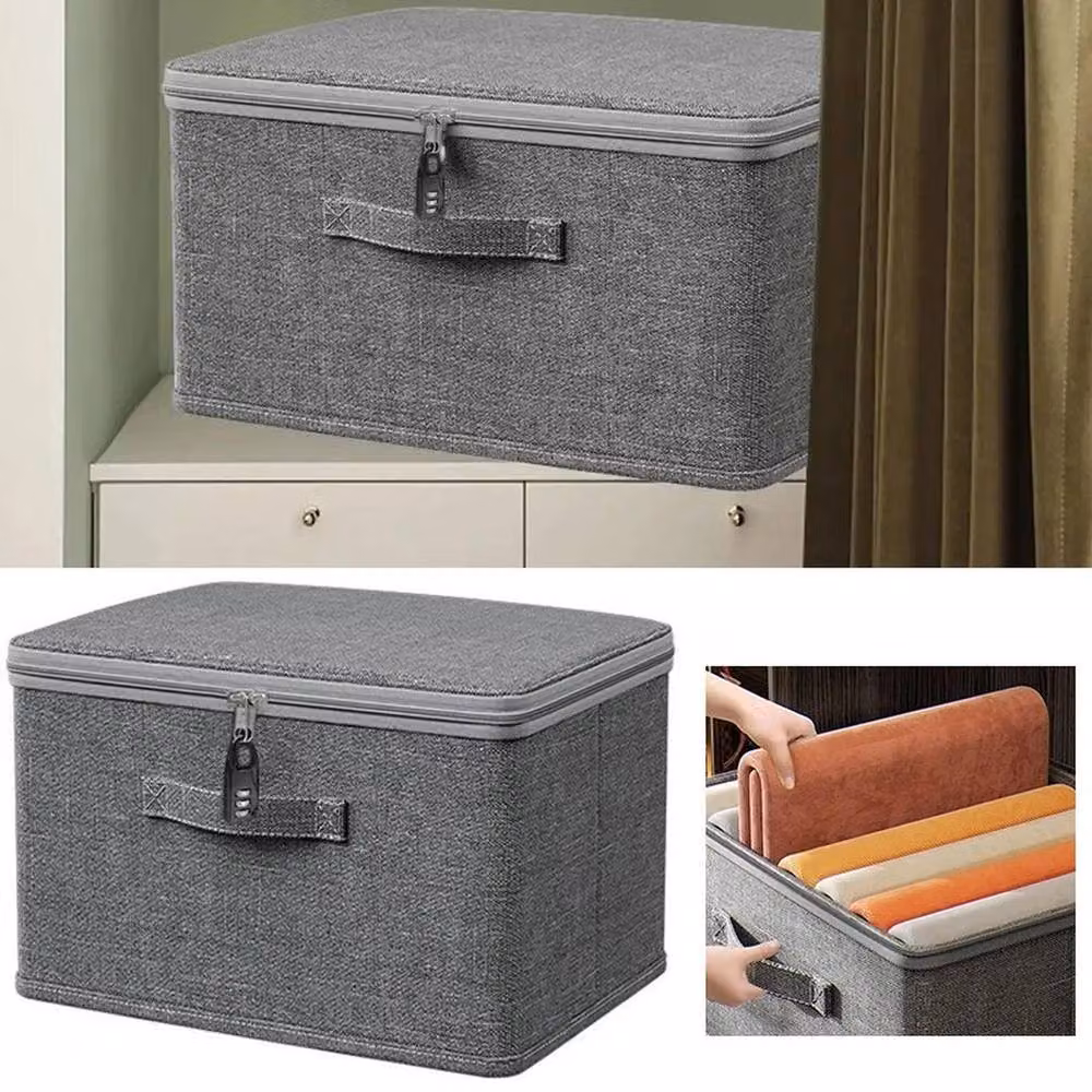 Pawnora Grey Fabric Folding Storage Boxes with Lid, W: 30 cm, D: 20 cm, H: 14 cm – 4