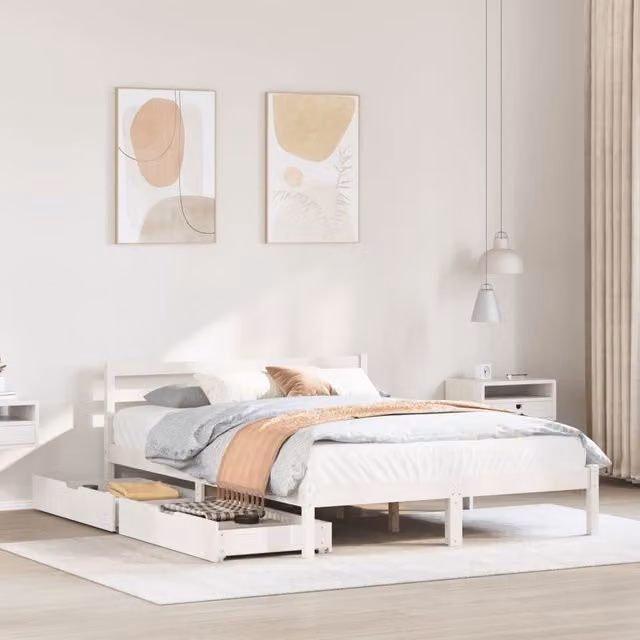 Berkfield Home White Solid Pine Bed Frame with Drawers W/D/H: 140 x 200 cm