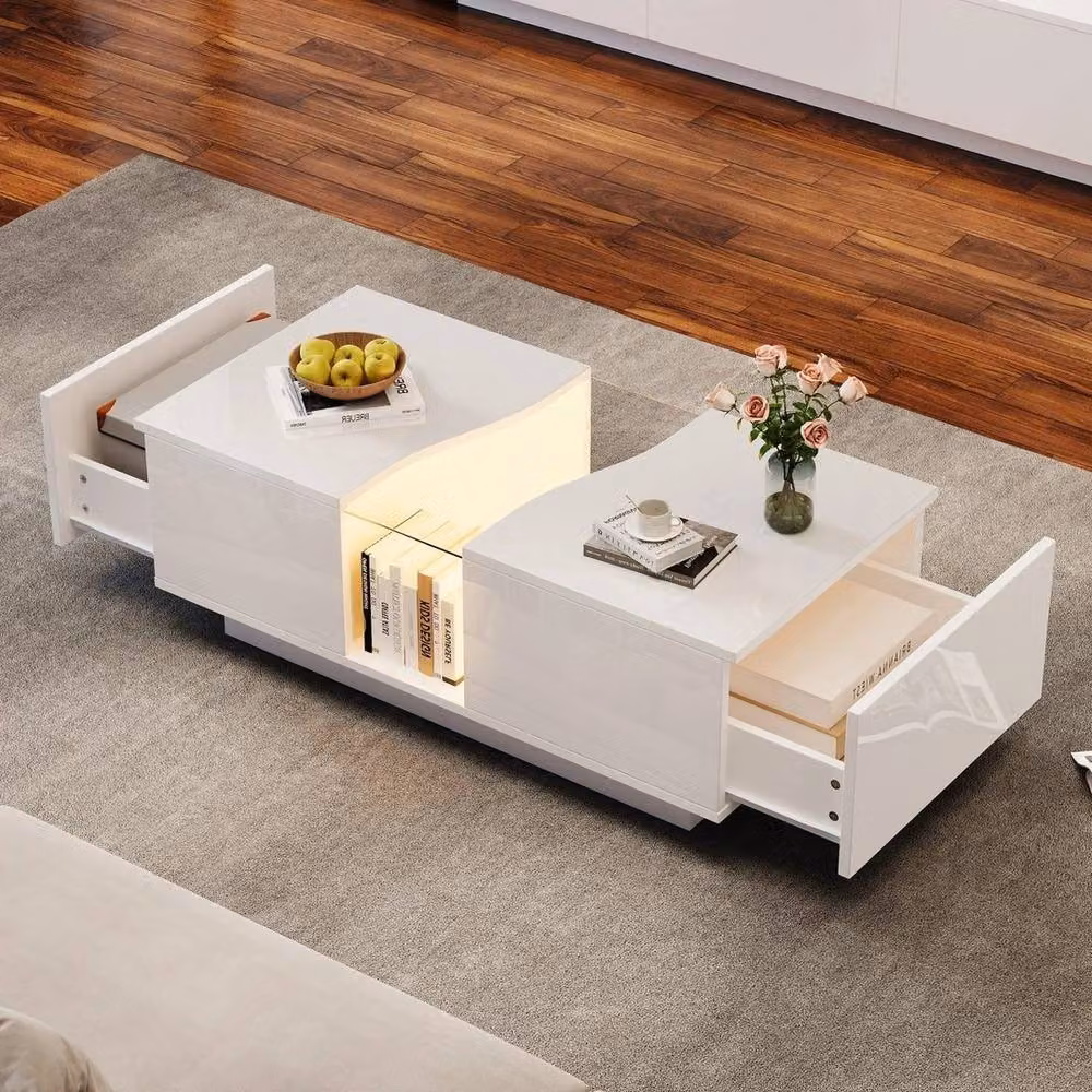 KORVIXA Modern High Gloss White Square Coffee Table with 2 Drawers, W/D/H: 100 x 100 x 35 cm – 3
